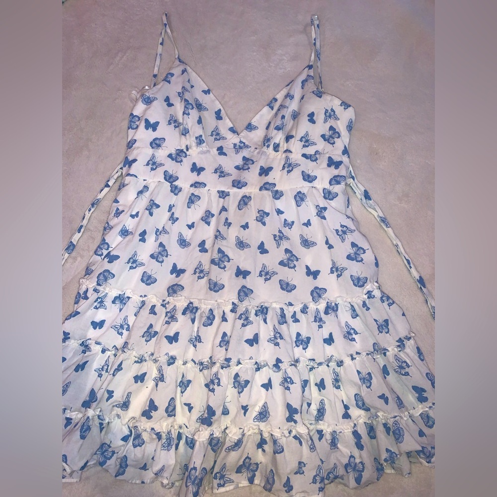 White Dress with Blue Butterfly Print
